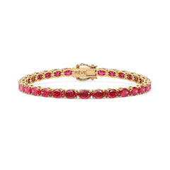 Bracelet de tennis ovale en rubis rose rouge de laboratoire, monté sur vermeil en or jaune 18 carats.