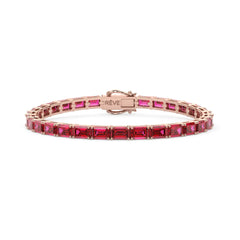 Bracelet de tennis en vermeil or rose 18 carats avec rubis rose rouge de laboratoire taille émeraude