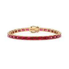 Bracelet de tennis en vermeil d'or jaune 18 carats avec rubis rose rouge de laboratoire taille émeraude