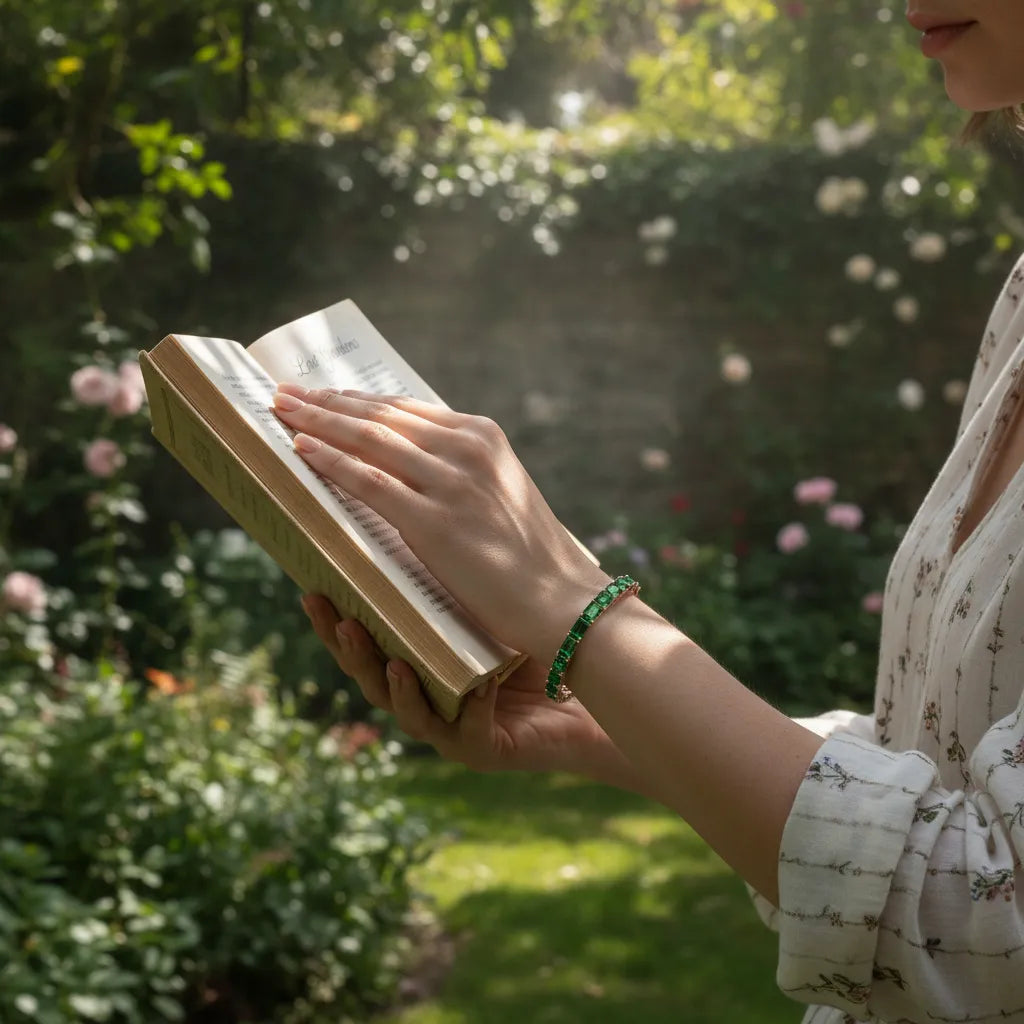 Tennisarmband mit smaragdgeschliffenem (6x4mm) kolumbianischem Labor-Smaragd in 18K Roségold-Vermeil