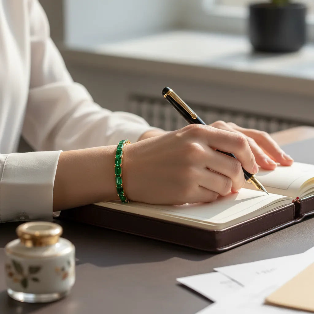 Tennisarmband mit smaragdgeschliffenem (6x4mm) kolumbianischem Laborsmaragd in 18 Karat Gelbgold-Vermeil