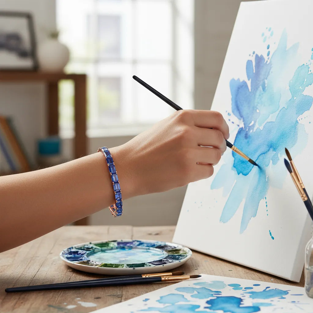 Tennisarmband mit smaragdgeschliffenem (6x4mm) kornblumenblauem Laborsaphir in 18K Roségold-Vermeil