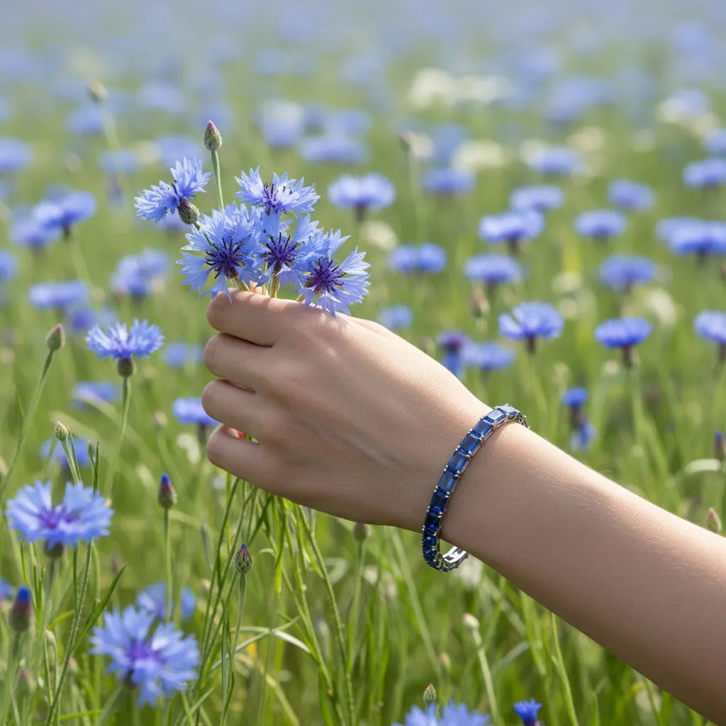 Bracelet de tennis en vermeil d'or blanc 18 carats et saphir bleuet de laboratoire taille émeraude