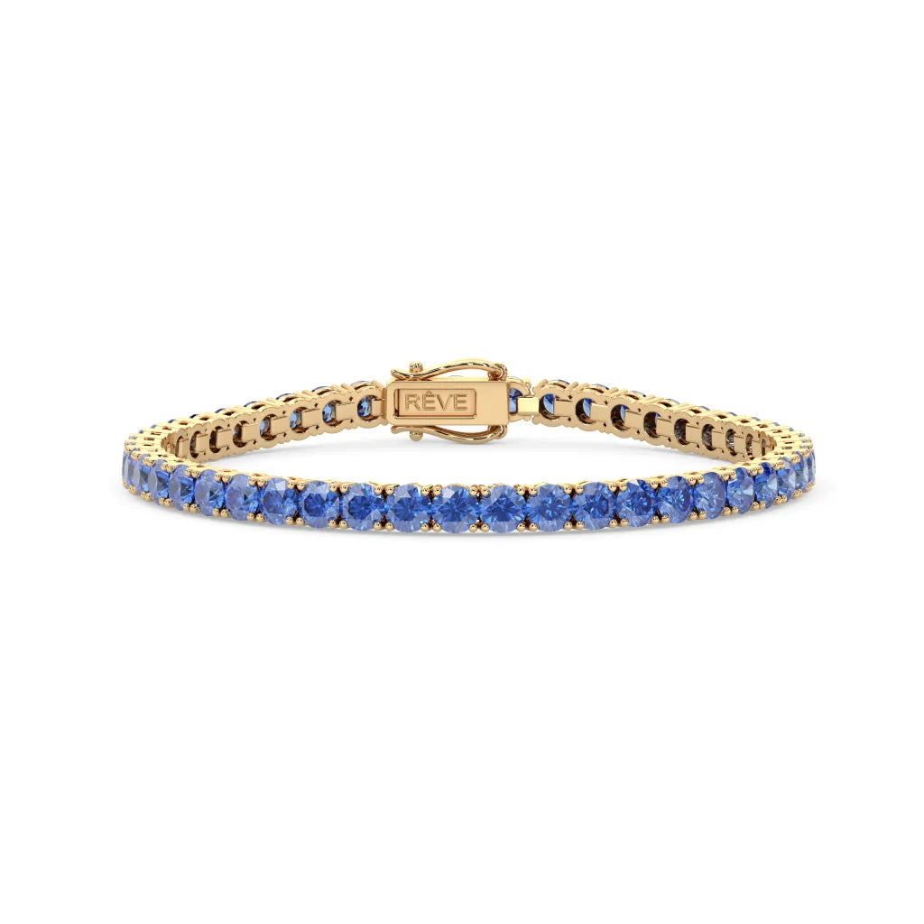 Bracelet de tennis en vermeil d'or jaune 18 carats serti d'un saphir bleuet rond de laboratoire de 11,6 ct.