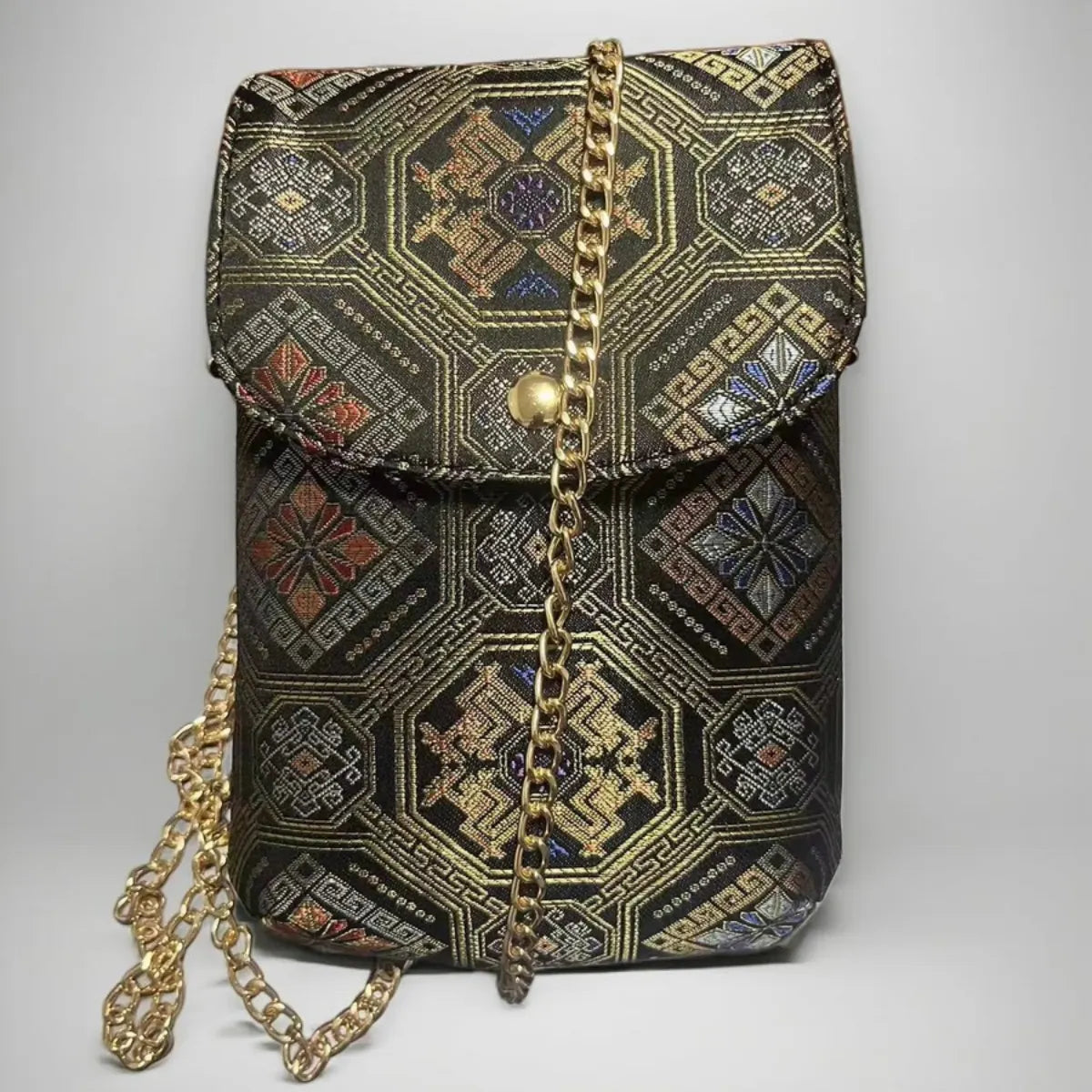 Black Phoenix-Butterfly and Myriad Forms Pattern | Handwoven Crossbody Phone Bag