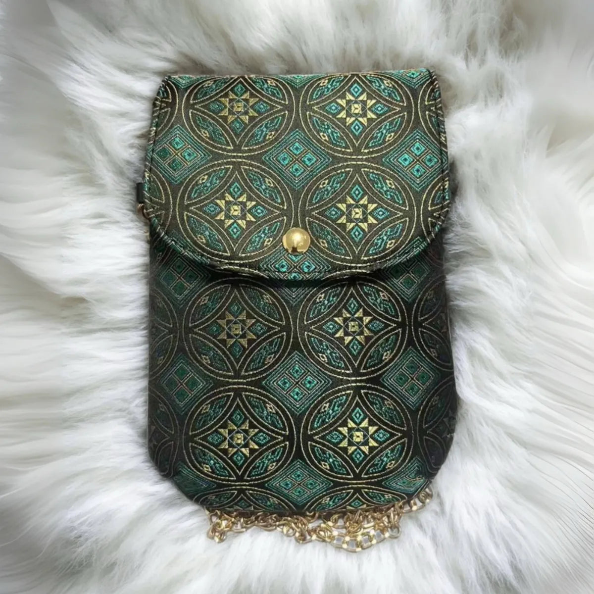Green 'Swallow of Prosperity' Pattern | Handwoven Crossbody Phone Bag