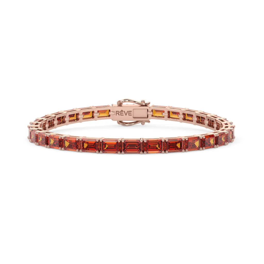 Tennisarmband mit smaragdgeschliffenem (6x4mm) orangefarbenem Laborsaphir in 18K Roségold-Vermeil
