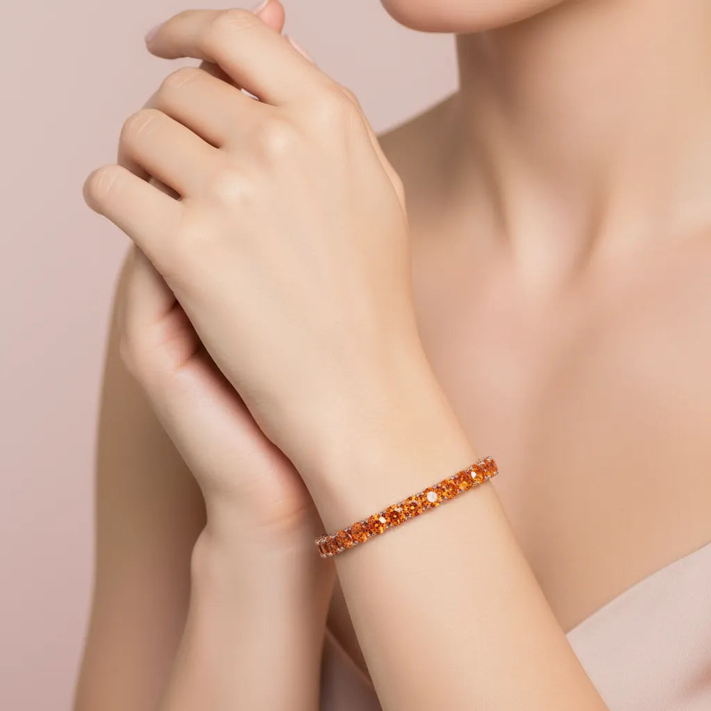 Rundes (4 mm) orangefarbenes Laborsaphir-Tennisarmband aus 18-karätigem Roségold-Vermeil