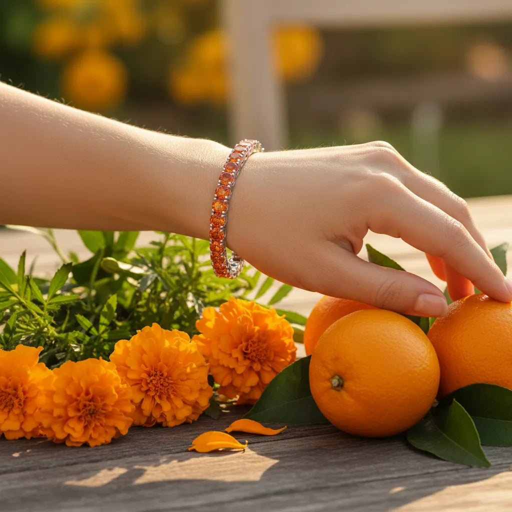 Rundes (4 mm) orangefarbenes Laborsaphir-Tennisarmband aus 18-karätigem Weißgold-Vermeil