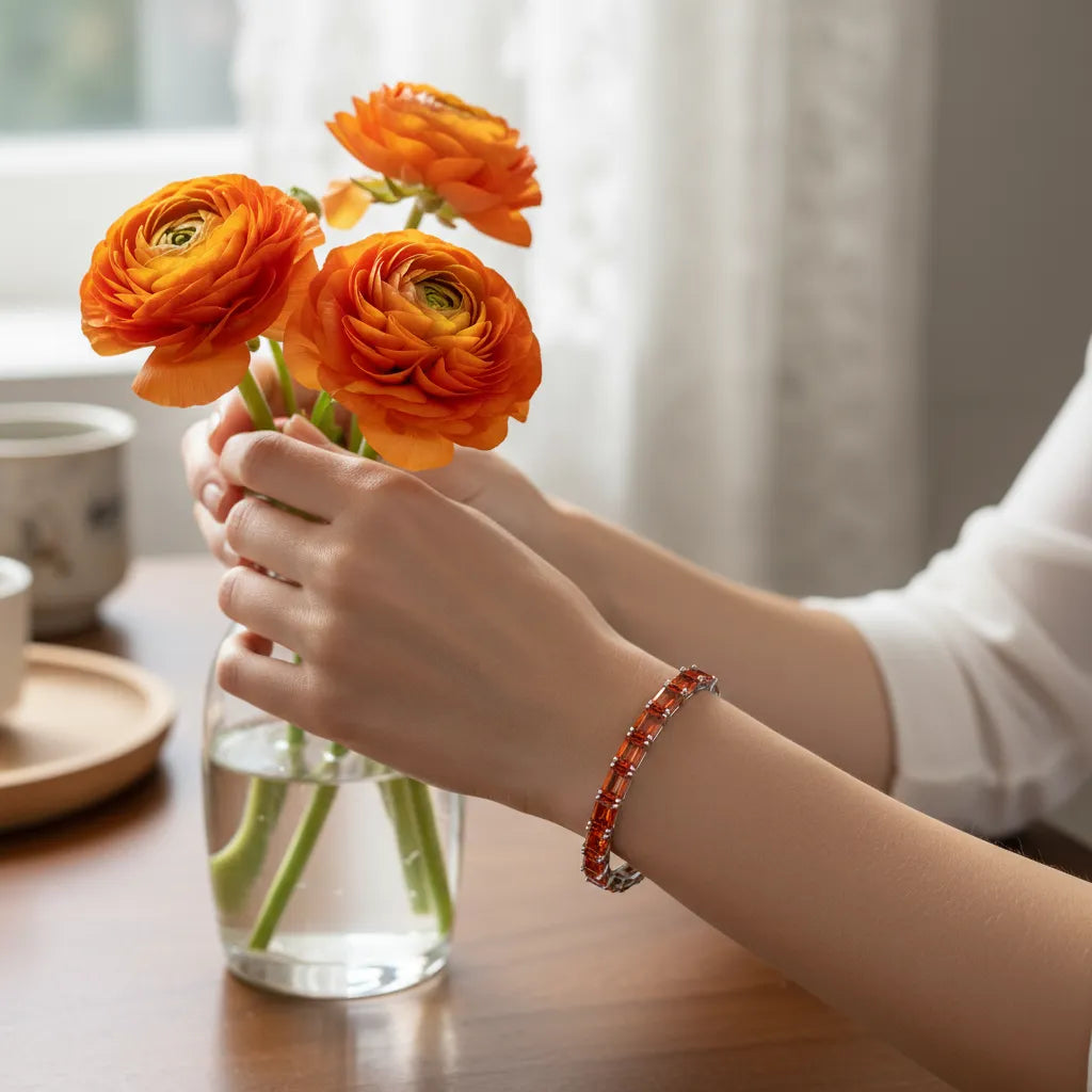 Bracelet de tennis en vermeil d'or blanc 18 carats et saphir orange de laboratoire taille émeraude