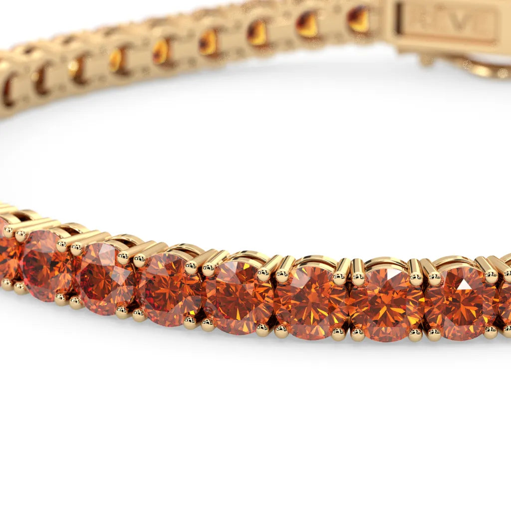 Rundes (4 mm) orangefarbenes Laborsaphir-Tennisarmband aus 18-karätigem Gelbgold-Vermeil