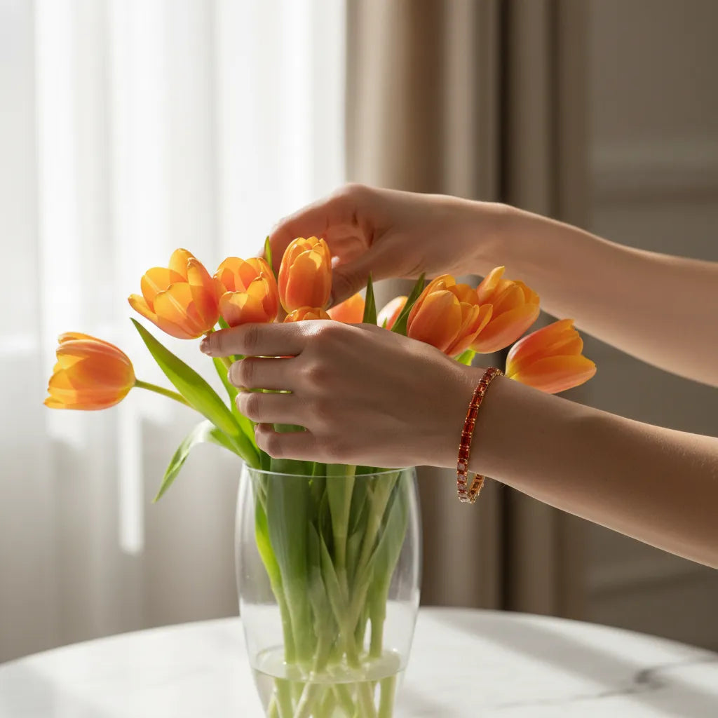 Tennisarmband mit smaragdgeschliffenem (6x4mm) orangefarbenem Laborsaphir in 18 Karat Gelbgold-Vermeil