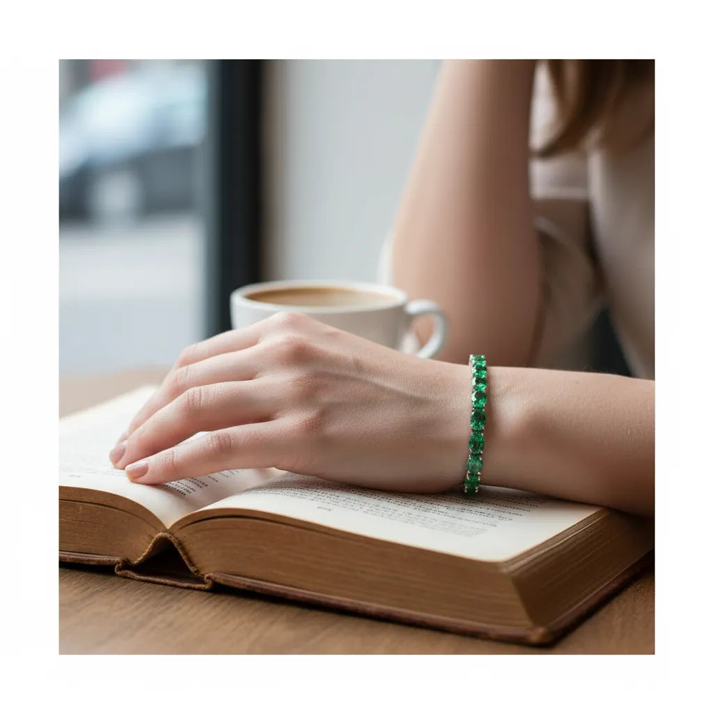 Ovales (6x4mm) Tennisarmband mit kolumbianischem Labor-Smaragd in 18K Weißgold-Vermeil