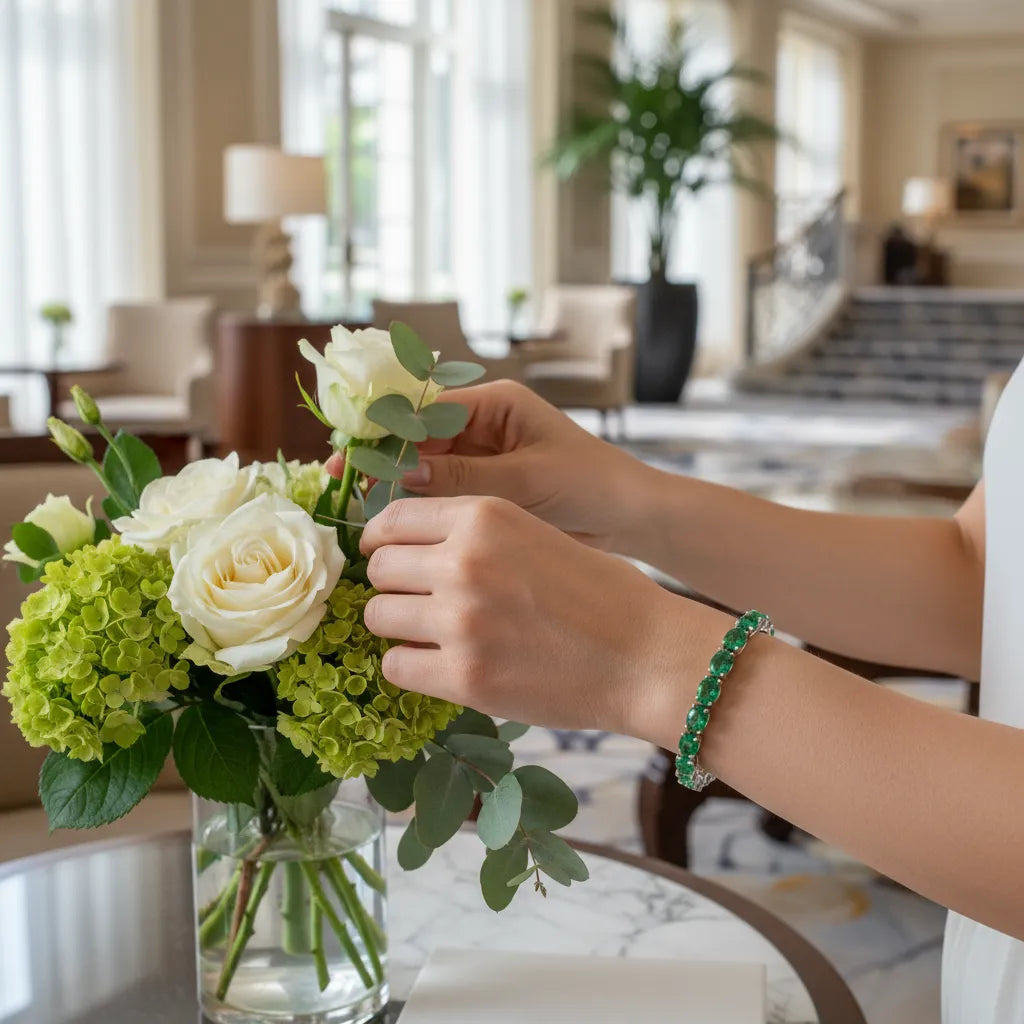 Ovales (6x4mm) Tennisarmband mit im Labor gezüchtetem kolumbianischem Smaragd in 18K Gelbgold-Vermeil