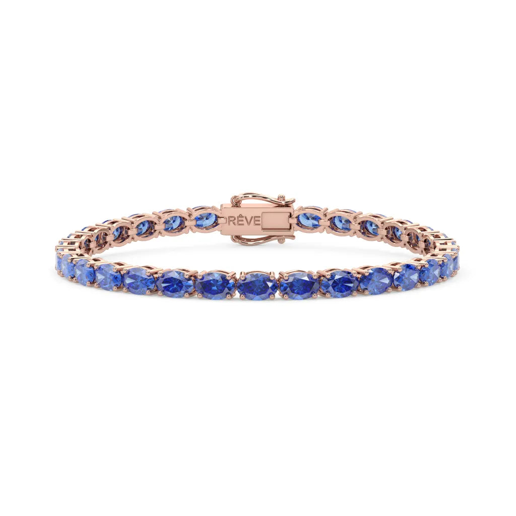 Bracelet de tennis ovale en saphir bleuet de laboratoire, monté sur vermeil en or rose 18 carats