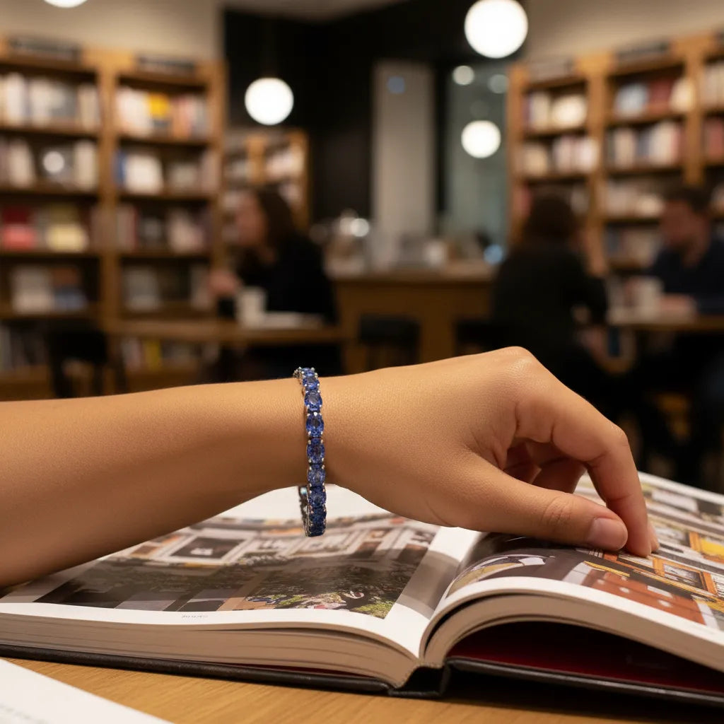 Ovales (6x4mm) Tennisarmband mit laborgeprüftem kornblumenblauem Saphir in 18 Karat Weißgold-Vermeil