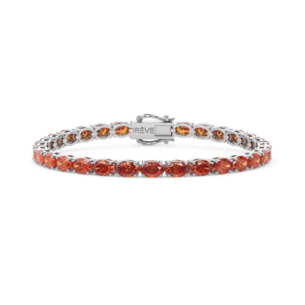 Bracelet de tennis ovale en saphir orange de laboratoire, monté sur vermeil en or blanc 18 carats