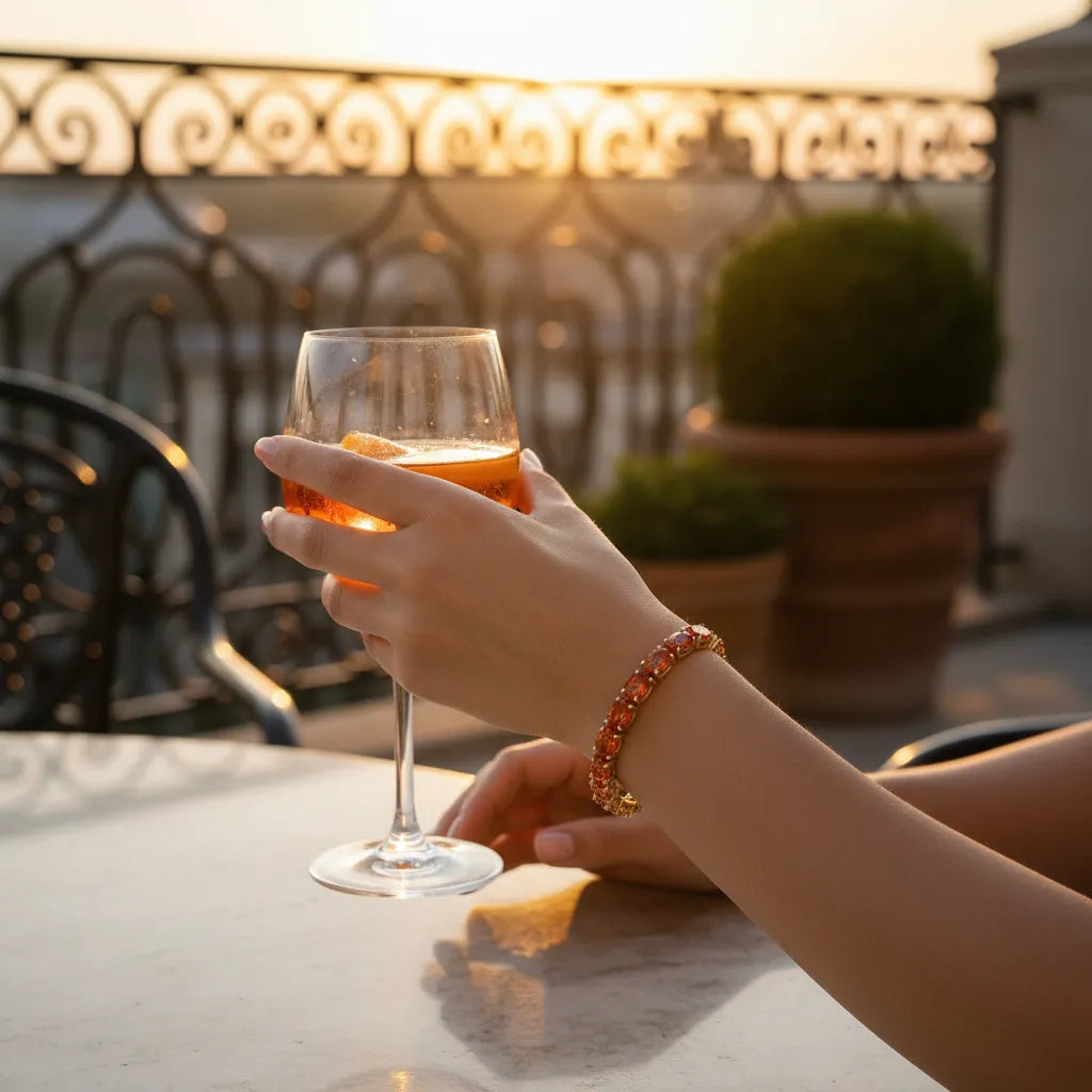 Bracelet de tennis ovale en saphir orange de laboratoire, monté sur vermeil en or jaune 18 carats