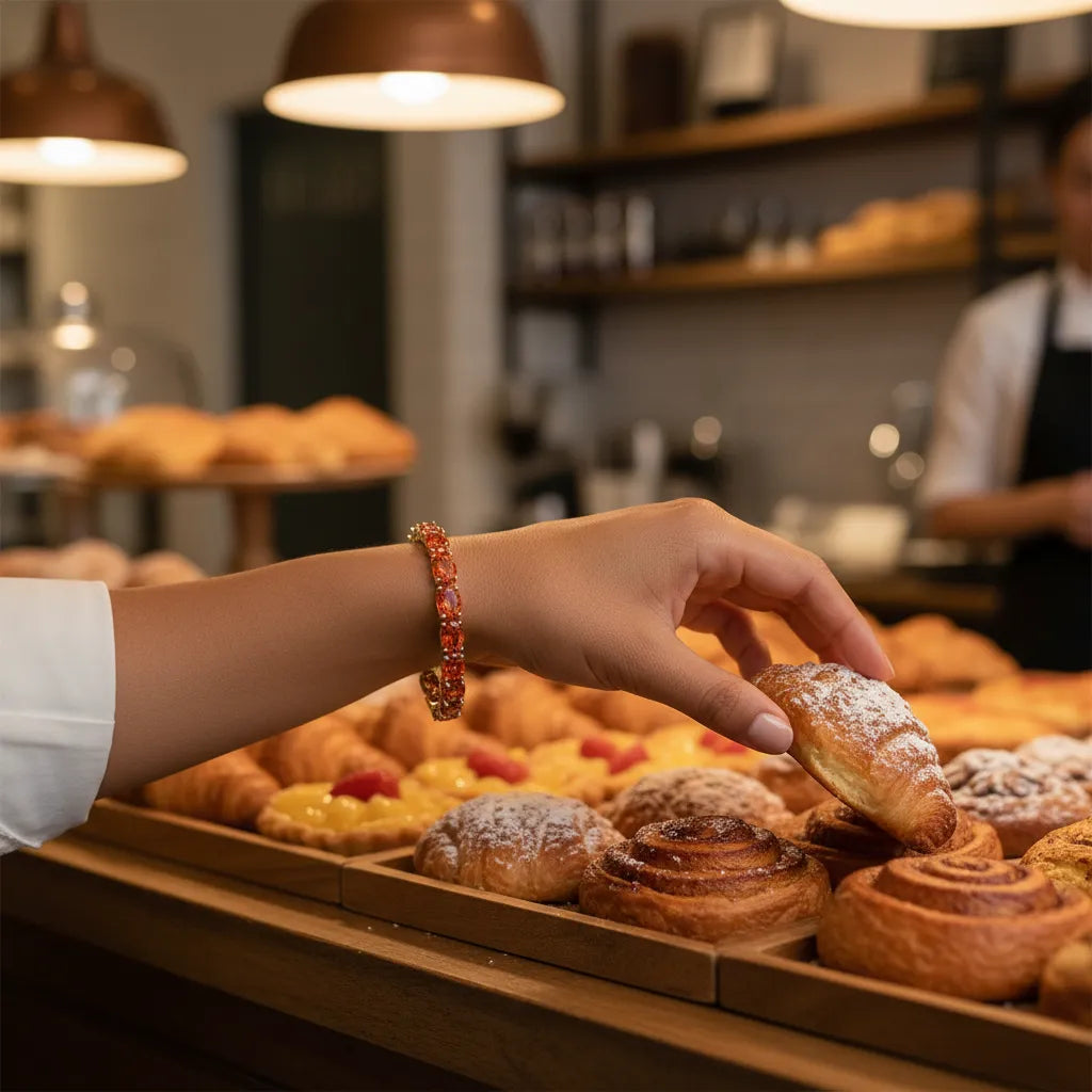 Bracelet de tennis ovale en saphir orange de laboratoire, monté sur vermeil en or jaune 18 carats