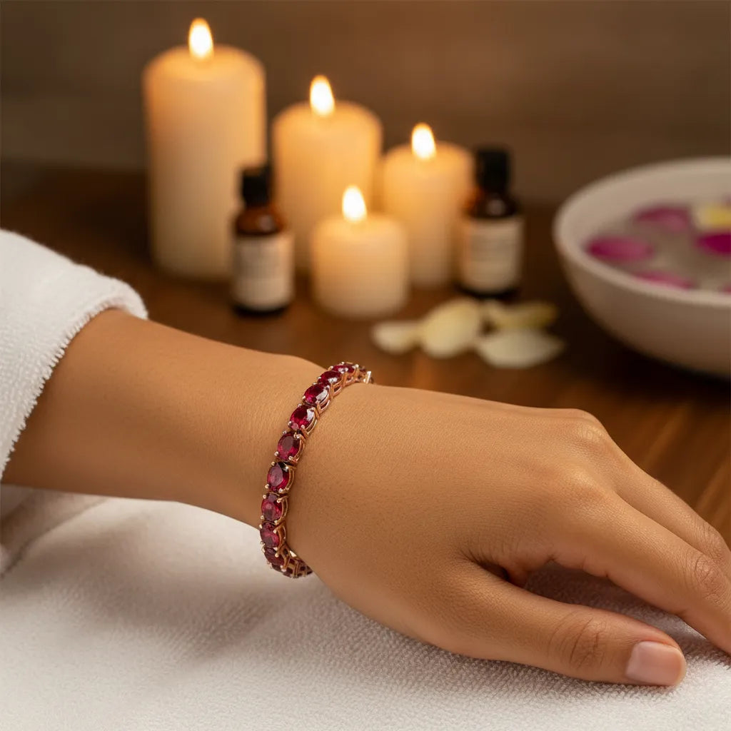 Ovales (6x4mm) Tennisarmband mit Rubin in Laborfarbe (Taubenblut) aus 18-karätigem Roségold-Vermeil