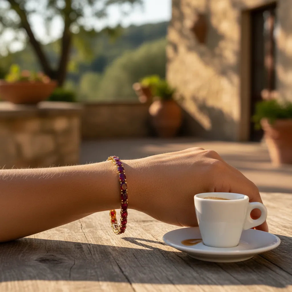 Ovales (6x4mm) Tennisarmband mit Labor-Taubenblutrubin in 18K Gelbgold-Vermeil