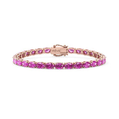 Bracelet de tennis ovale en saphir rose de laboratoire, monté sur vermeil en or rose 18 carats