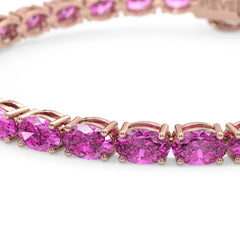 Bracelet de tennis ovale en saphir rose de laboratoire, monté sur vermeil en or rose 18 carats