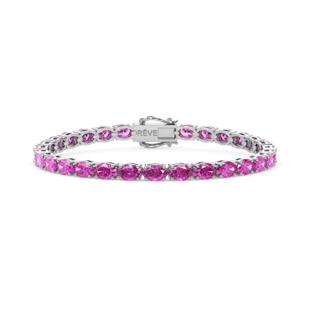 Bracelet de tennis ovale en saphir rose de laboratoire, monté sur vermeil en or blanc 18 carats