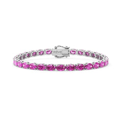 Bracelet de tennis ovale en saphir rose de laboratoire, monté sur vermeil en or blanc 18 carats