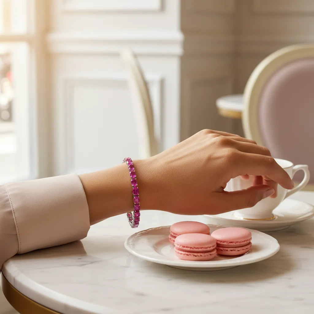 Bracelet de tennis ovale en saphir rose de laboratoire, monté sur vermeil en or blanc 18 carats