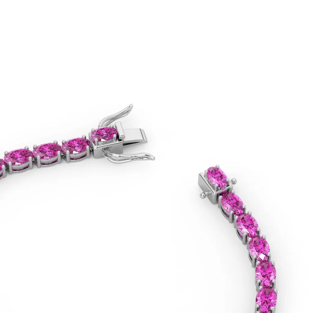 Bracelet de tennis ovale en saphir rose de laboratoire, monté sur vermeil en or blanc 18 carats