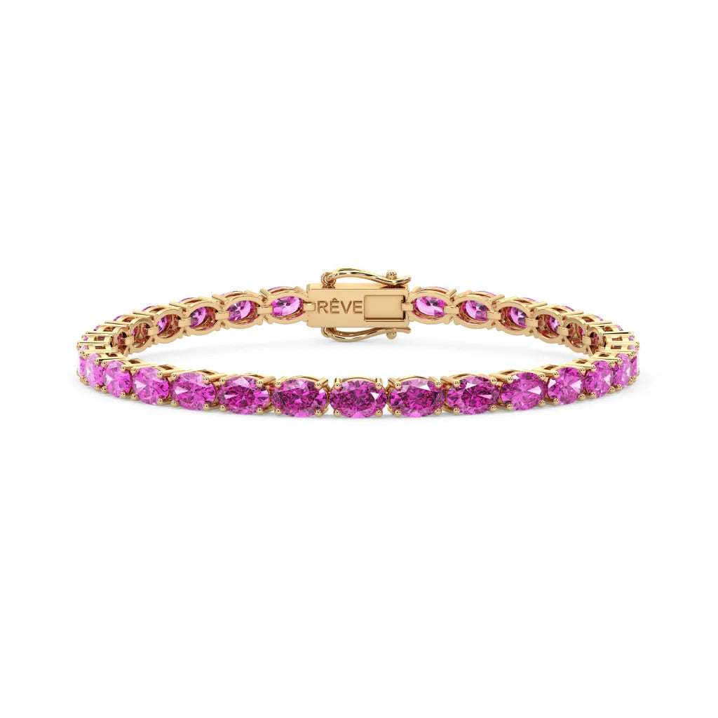 Bracelet de tennis ovale en saphir rose de laboratoire, monté sur vermeil en or jaune 18 carats