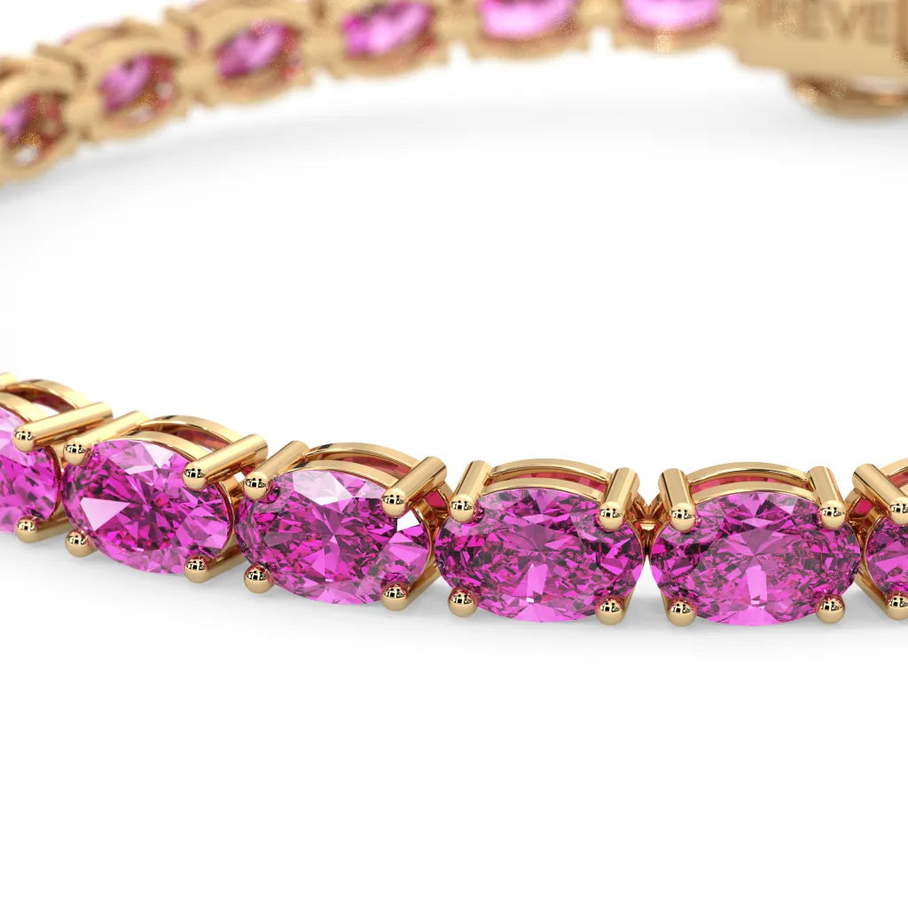 Bracelet de tennis ovale en saphir rose de laboratoire, monté sur vermeil en or jaune 18 carats