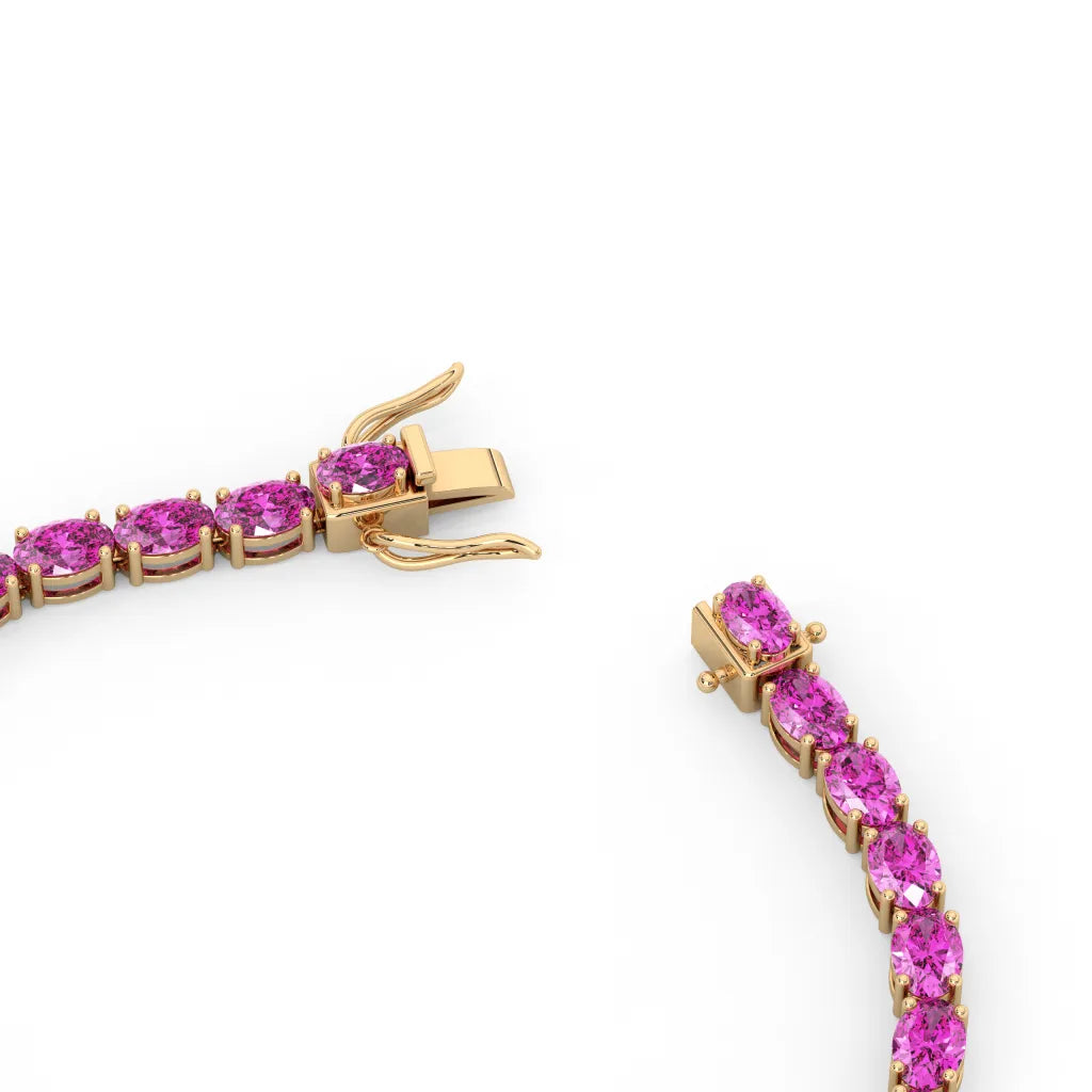Bracelet de tennis ovale en saphir rose de laboratoire, monté sur vermeil en or jaune 18 carats