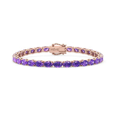 Bracelet de tennis ovale en saphir violet de laboratoire, monté sur vermeil en or rose 18 carats