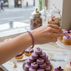 Bracelet de tennis ovale en saphir violet de laboratoire, monté sur vermeil en or rose 18 carats