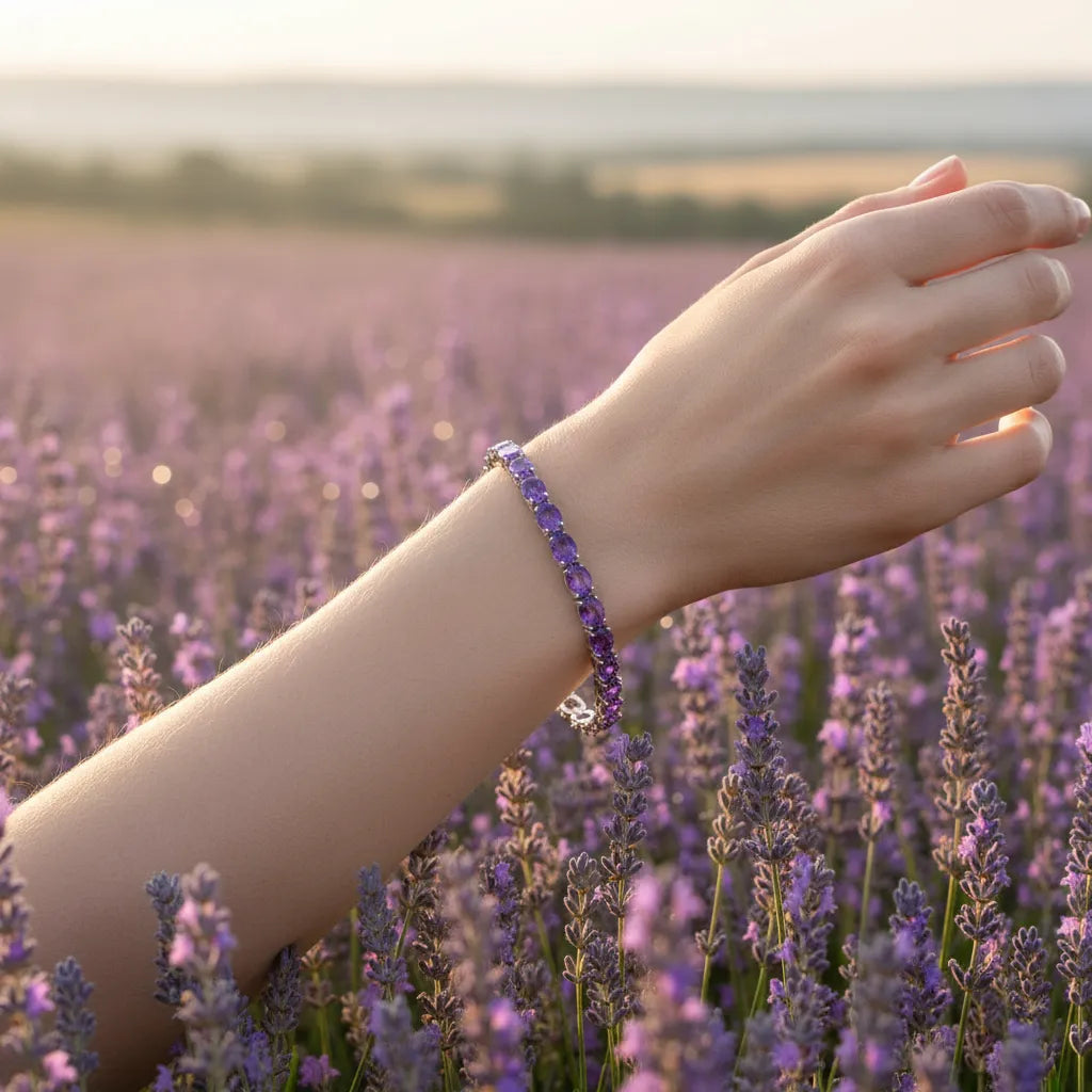 Ovales (6x4mm) Tennisarmband mit lila Laborsaphir in 18K Weißgold-Vermeil