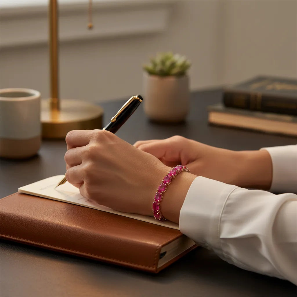 Ovales (6x4mm) Tennisarmband mit laborgeprüftem rosarotem Rubin in 18K Roségold-Vermeil