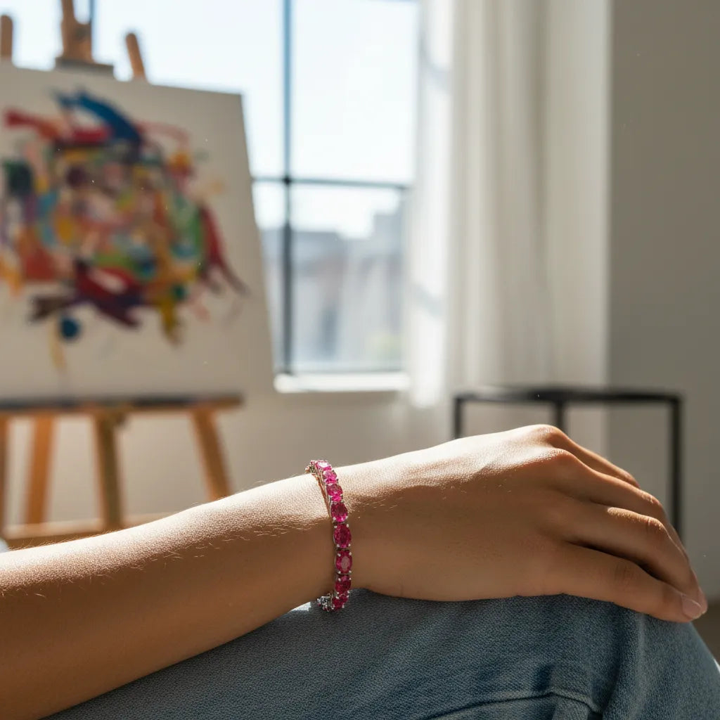 Ovales (6x4mm) Tennisarmband mit laborgeprüftem rosarotem Rubin in 18K Weißgold-Vermeil