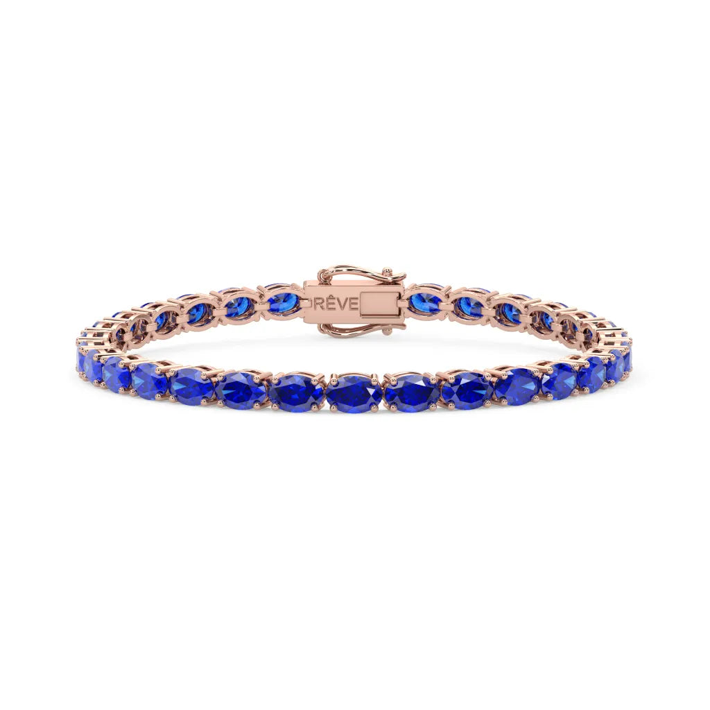 Bracelet de tennis ovale en saphir bleu royal de laboratoire, monté sur vermeil en or rose 18 carats