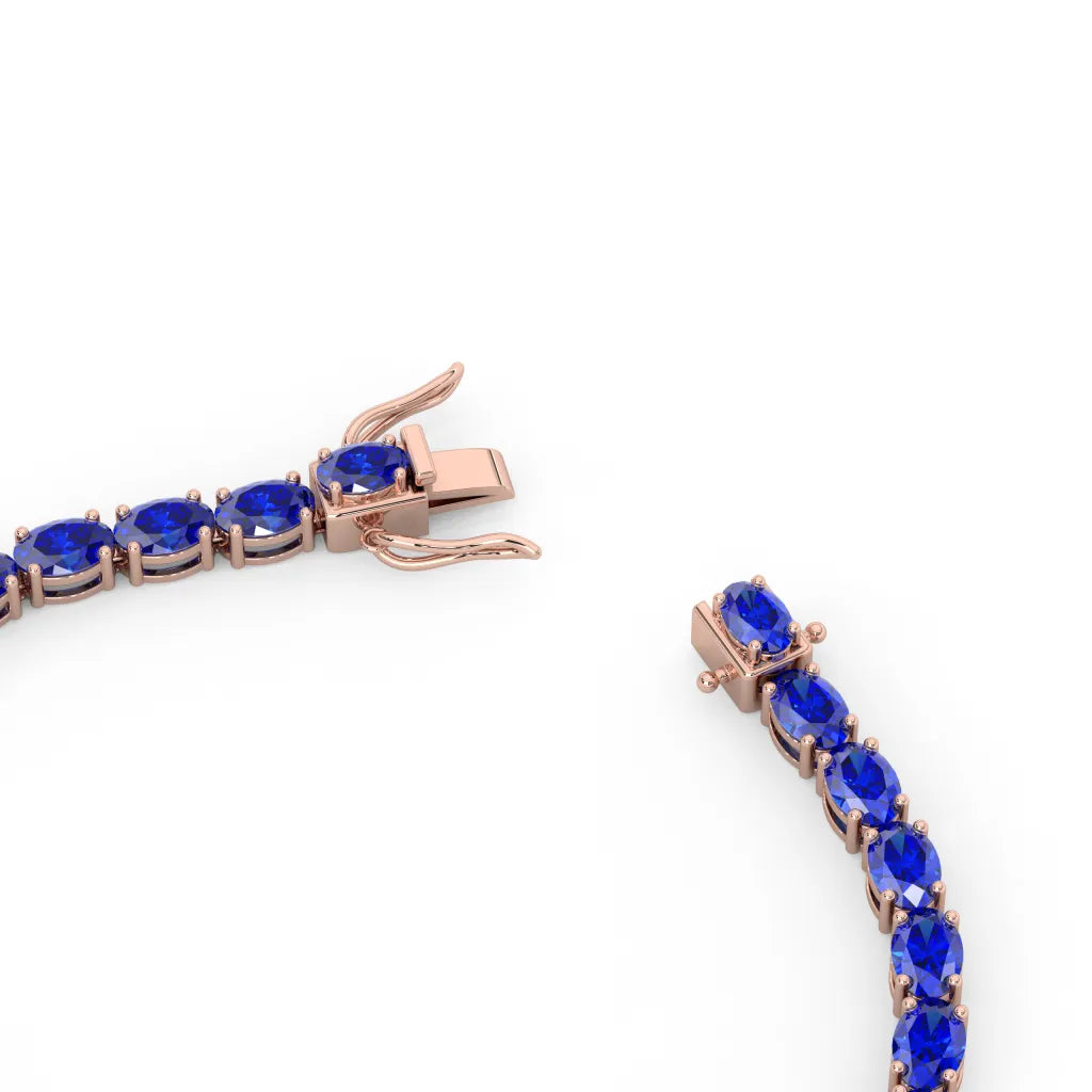 Bracelet de tennis ovale en saphir bleu royal de laboratoire, monté sur vermeil en or rose 18 carats