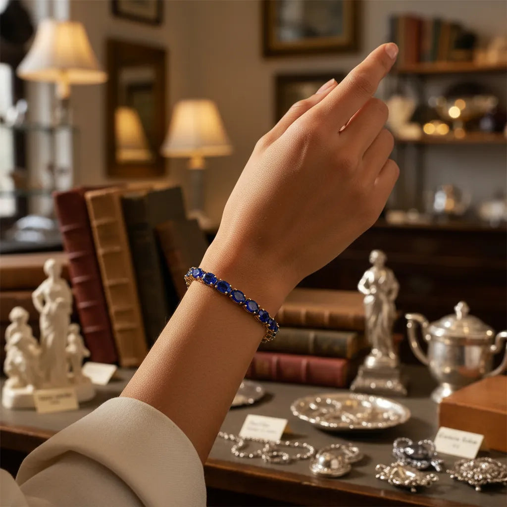 Bracelet de tennis ovale en saphir bleu royal de laboratoire, monté sur vermeil en or jaune 18 carats