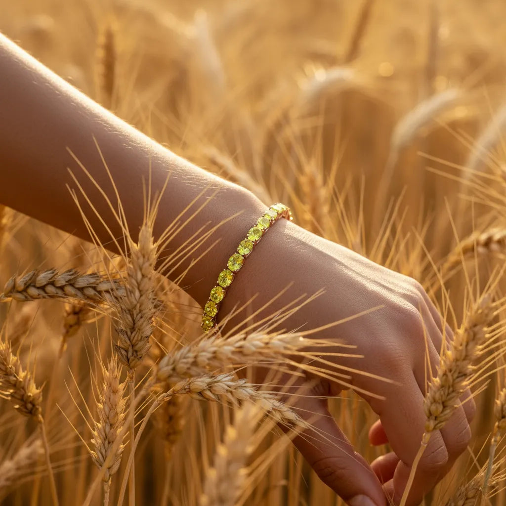 Bracelet de tennis ovale en saphir jaune de laboratoire, monté sur vermeil en or rose 18 carats