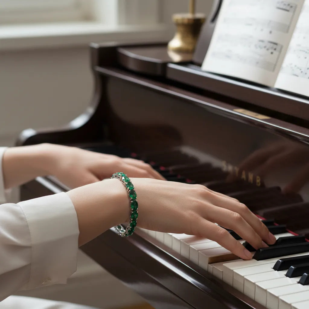 Ovales (6x4mm) Tennisarmband mit im Labor hergestelltem sambischen Smaragd in 18K Weißgold-Vermeil