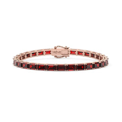 Tennisarmband mit smaragdgeschliffenem (6x4mm) Labor-Taubenblutrubin in 18K Roségold-Vermeil