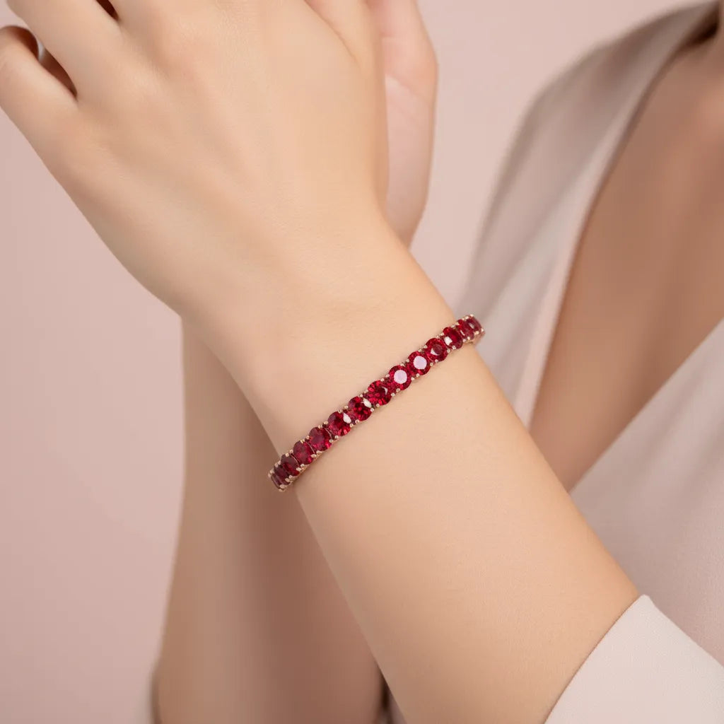 Rundes (4 mm) Tennisarmband mit Labor-Taubenblutrubin aus 18-karätigem Roségold-Vermeil