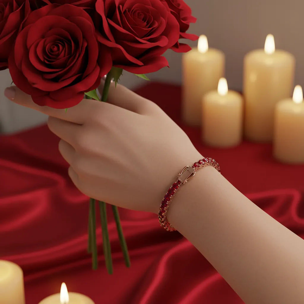 Rundes (4 mm) Tennisarmband mit Labor-Taubenblutrubin aus 18-karätigem Roségold-Vermeil