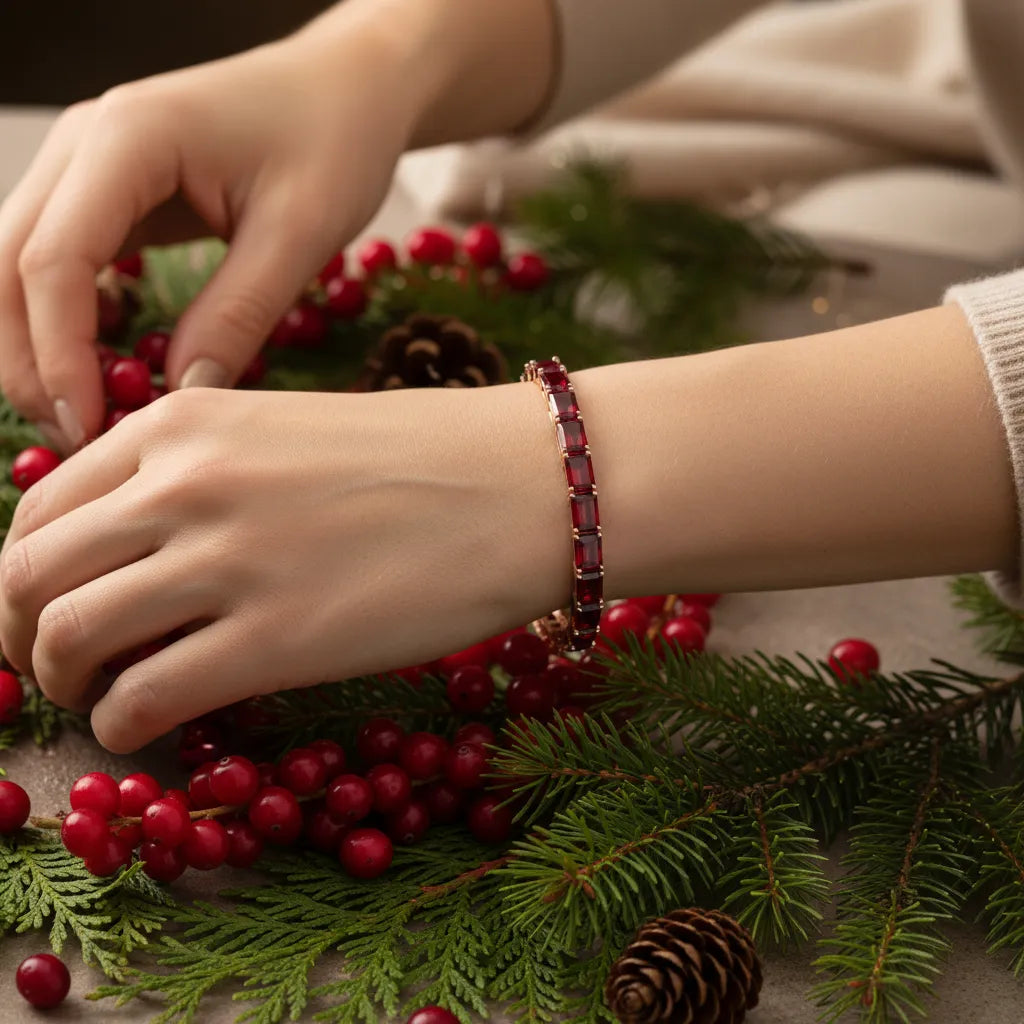 Tennisarmband mit smaragdgeschliffenem (6x4mm) Labor-Taubenblutrubin in 18K Roségold-Vermeil