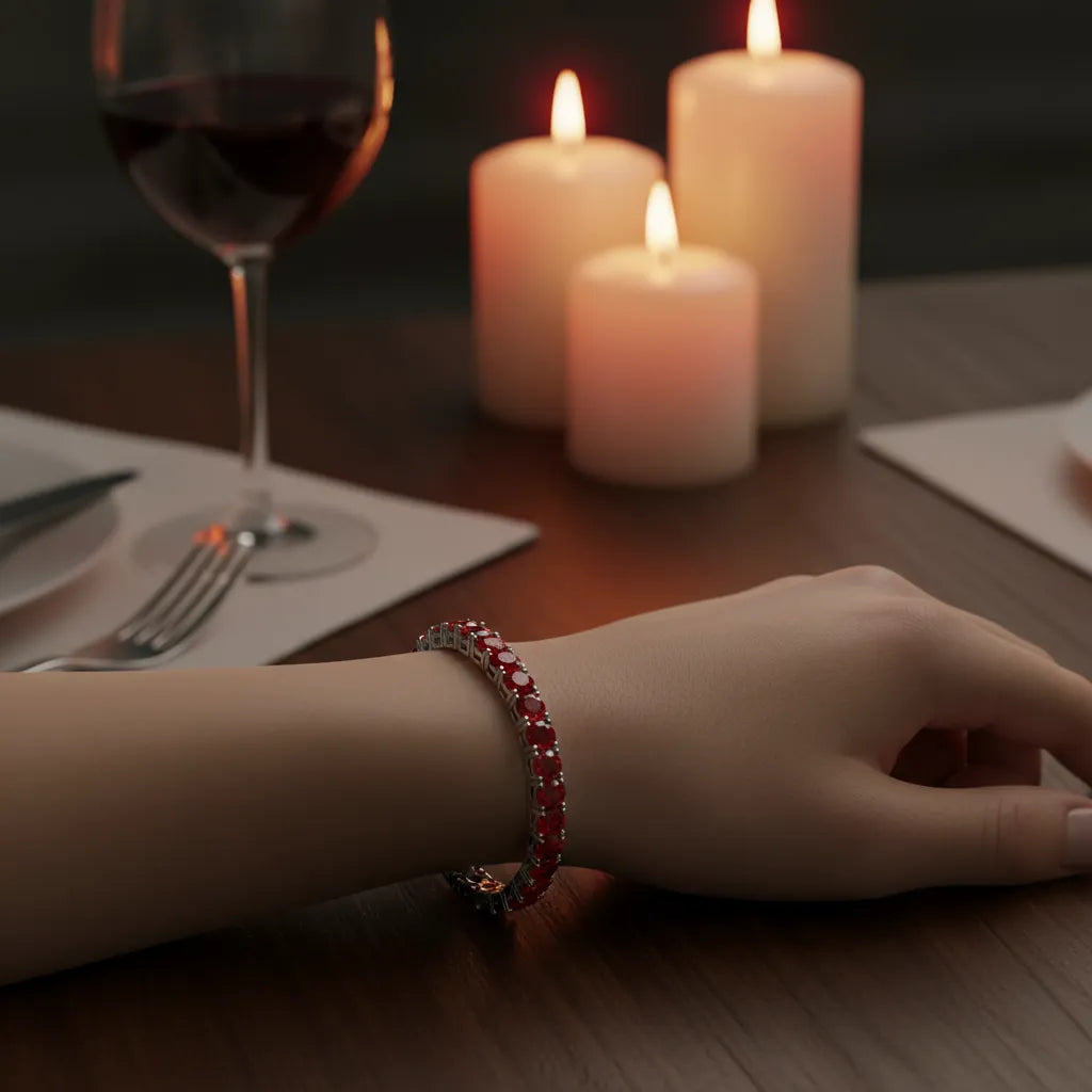 Rundes (4 mm) Tennisarmband mit Labor-Taubenblutrubin aus 18-karätigem Weißgold-Vermeil