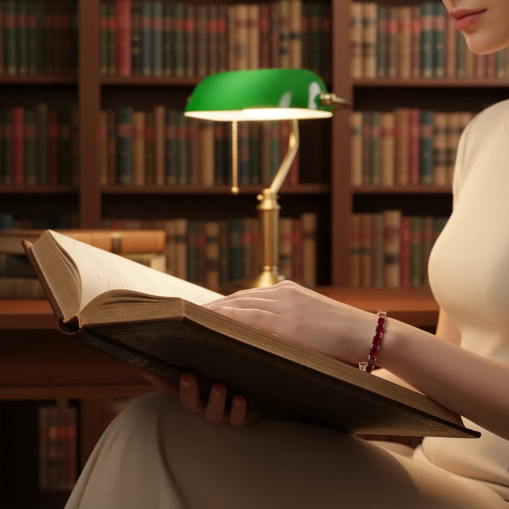 Bracelet de tennis en vermeil d'or blanc 18 carats orné d'un rubis sang de pigeon de laboratoire taille émeraude